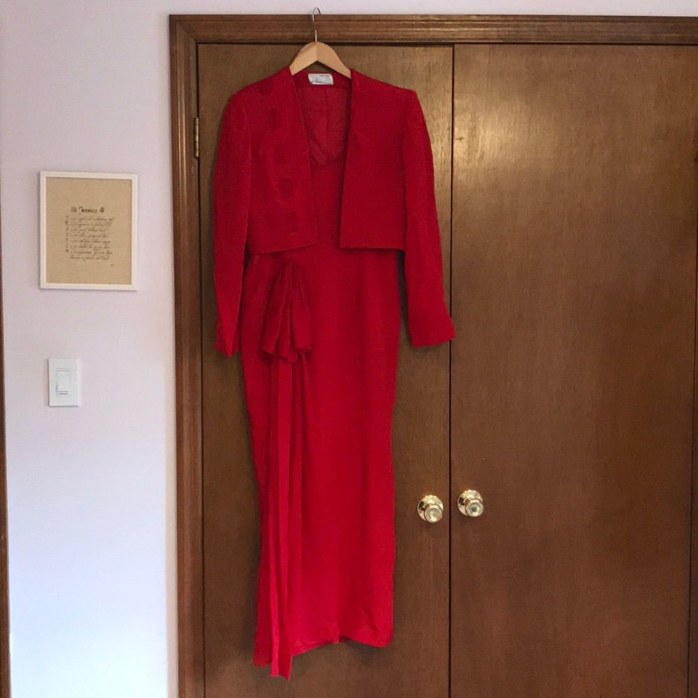 Designer Red Gown With Matching Jacket. 100% Silk - image 1